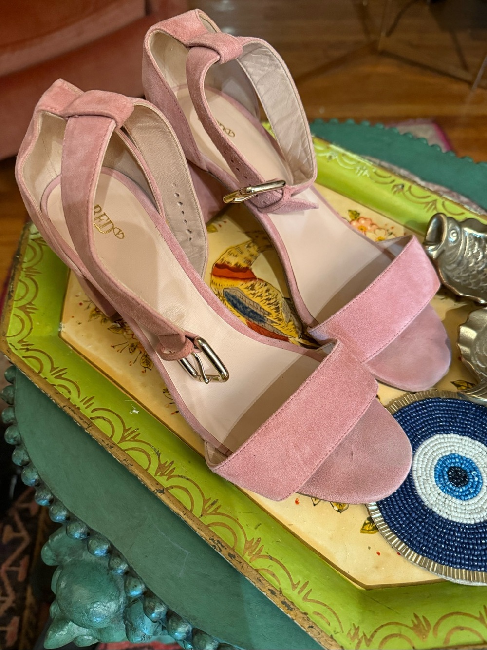 Red Valentino pink suede heels with ankle straps
